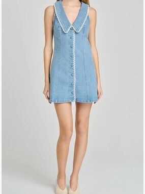 Wayf Light Blue Denim Mini Dress with Lace-Trim V Collar